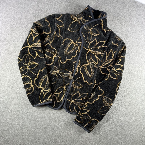 Vintage Floral Asian Jacket Women L Black Gold Carpet Velvet Tapestry Coat - Picture 3 of 8
